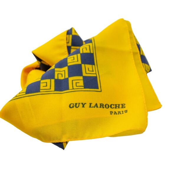 Vintage GUY LAROCHE PARIS Blue Yellow Checked 23" X 23" Polyester Scarf - Picture 1 of 5